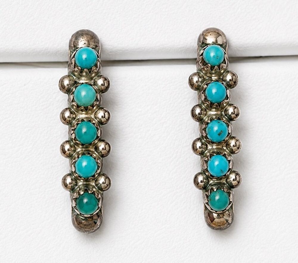 Vintage Zuni Sterling Silver Petit Point Turquoise Stud Earrings Hoop Climber
